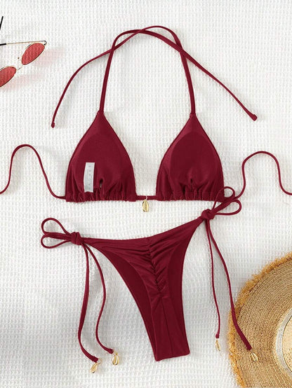 Swim Chiccia Women Spring Break Summer Beach Solid Color Halter Tie Sexy Bikini Swimsuit Set