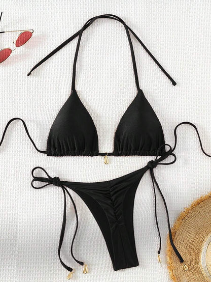 Swim Chiccia Women Spring Break Summer Beach Solid Color Halter Tie Sexy Bikini Swimsuit Set