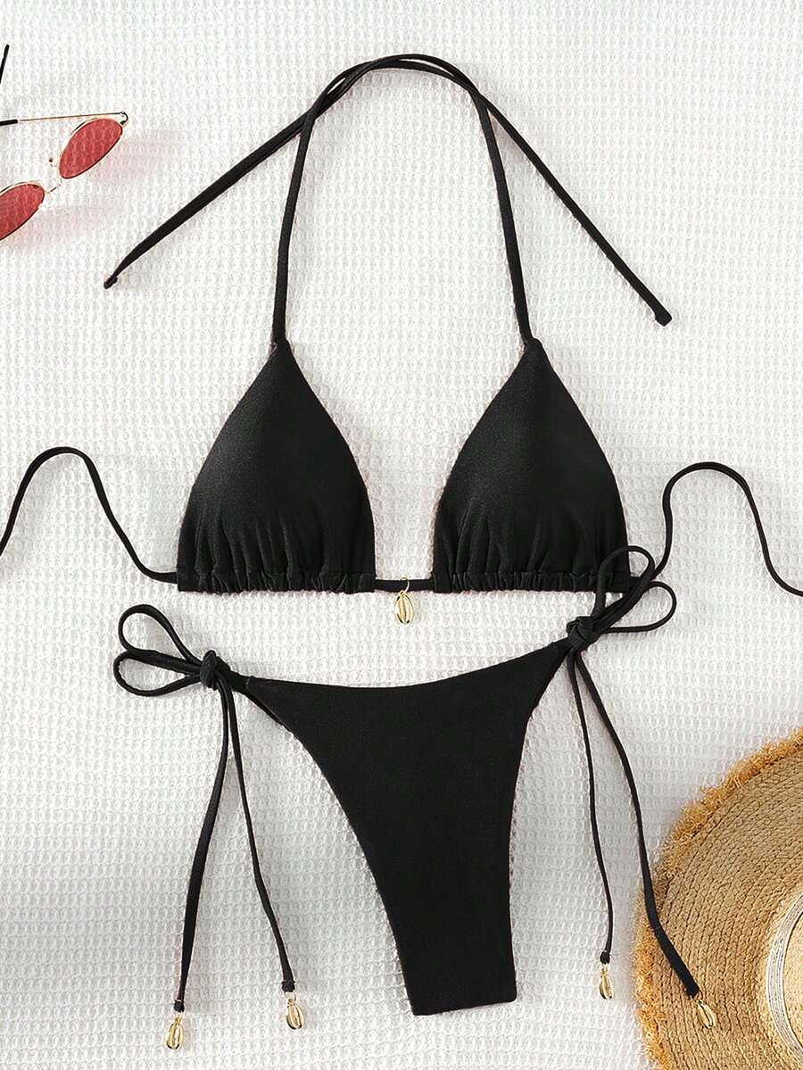 Swim Chiccia Women Spring Break Summer Beach Solid Color Halter Tie Sexy Bikini Swimsuit Set
