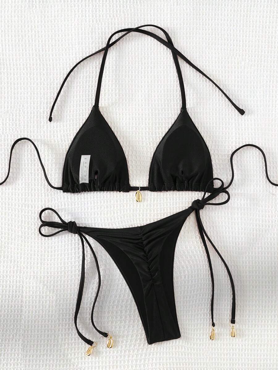 Swim Chiccia Women Spring Break Summer Beach Solid Color Halter Tie Sexy Bikini Swimsuit Set