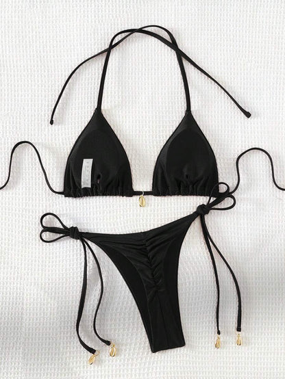 Swim Chiccia Women Spring Break Summer Beach Solid Color Halter Tie Sexy Bikini Swimsuit Set