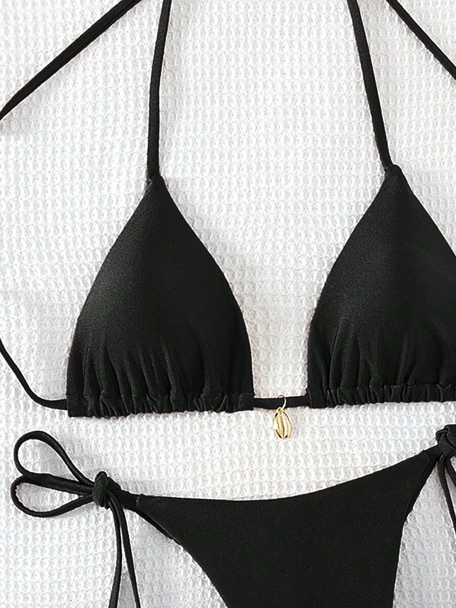 Swim Chiccia Women Spring Break Summer Beach Solid Color Halter Tie Sexy Bikini Swimsuit Set