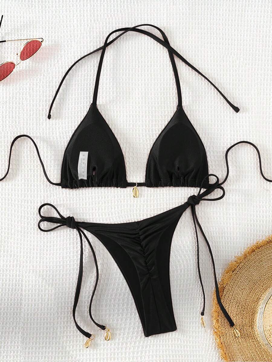 Swim Chiccia Women Spring Break Summer Beach Solid Color Halter Tie Sexy Bikini Swimsuit Set