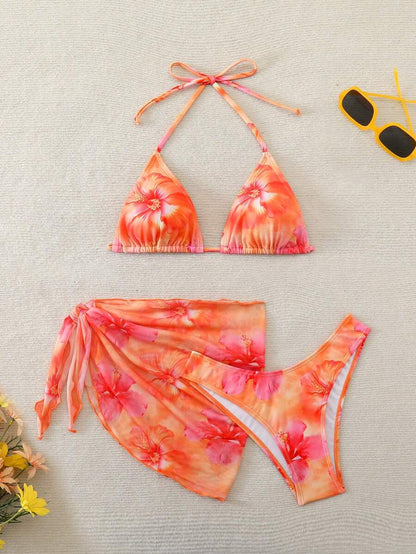Women's 3-Piece Shell Print Bikini Set - V-Neck Halter, Triangle, Side Tie Skirt, Multicolor