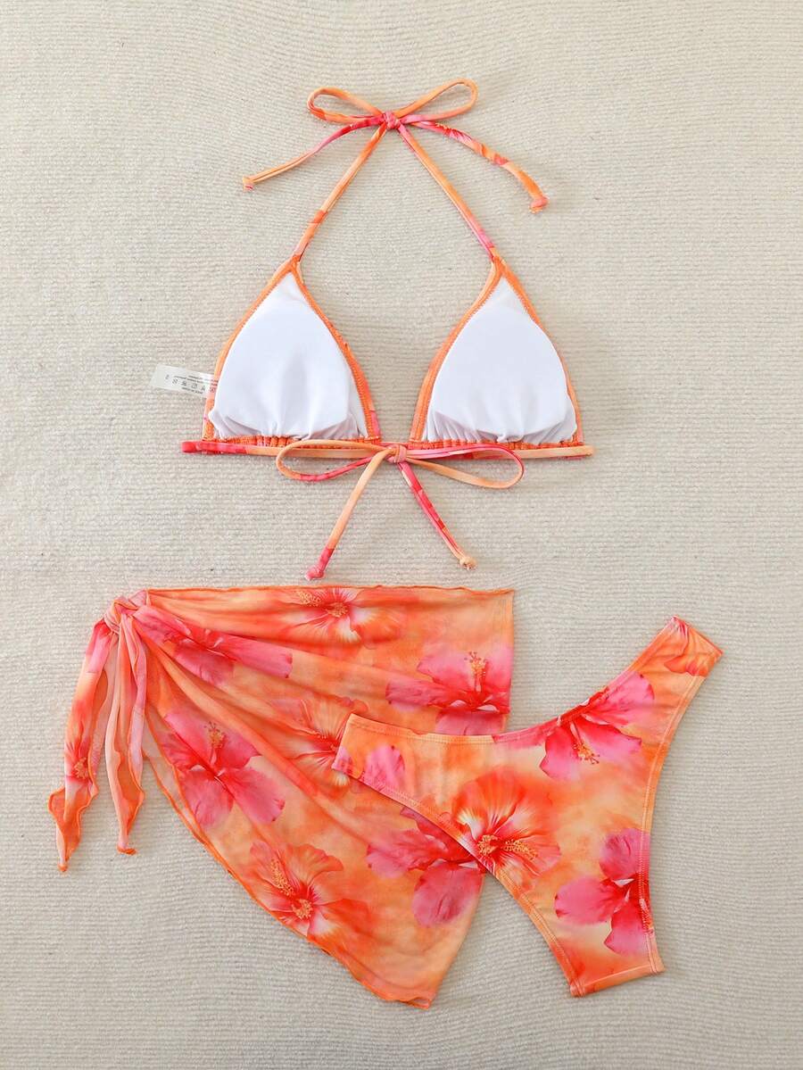 Women's 3-Piece Shell Print Bikini Set - V-Neck Halter, Triangle, Side Tie Skirt, Multicolor