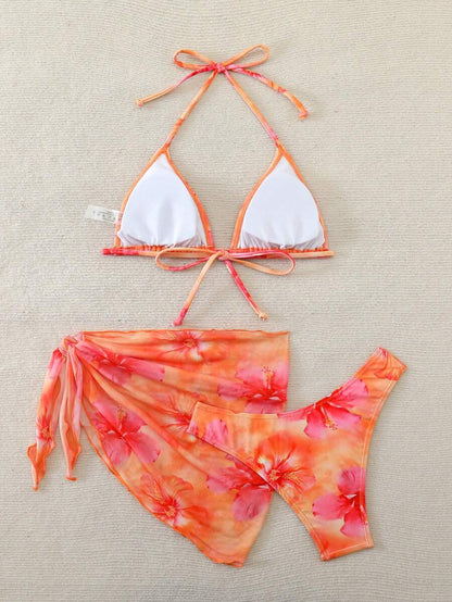 Women's 3-Piece Shell Print Bikini Set - V-Neck Halter, Triangle, Side Tie Skirt, Multicolor