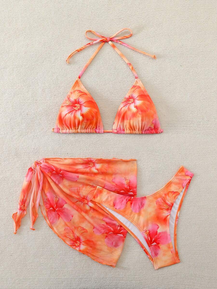 Women's 3-Piece Shell Print Bikini Set - V-Neck Halter, Triangle, Side Tie Skirt, Multicolor