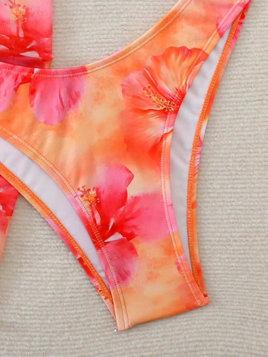 Women's 3-Piece Shell Print Bikini Set - V-Neck Halter, Triangle, Side Tie Skirt, Multicolor
