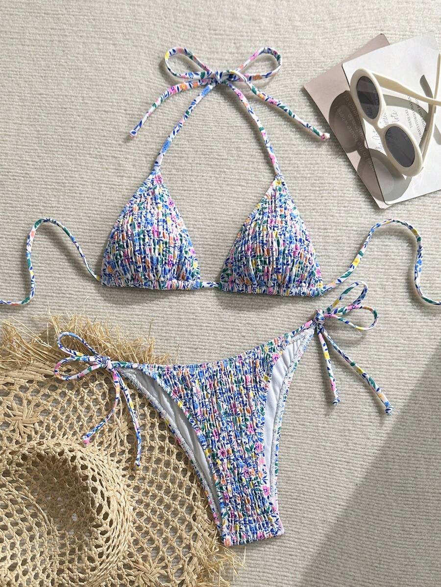 Swim Vcay Women's Ruched Tropical Print Halter Neck Tied Swimsuit And Bikini Set, Summer Beach Vacation