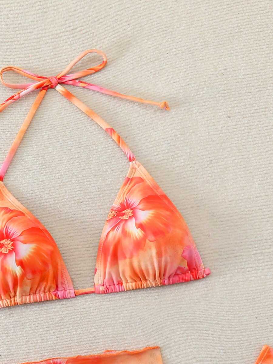 Women's 3-Piece Shell Print Bikini Set - V-Neck Halter, Triangle, Side Tie Skirt, Multicolor