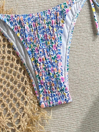 Swim Vcay Women's Ruched Tropical Print Halter Neck Tied Swimsuit And Bikini Set, Summer Beach Vacation