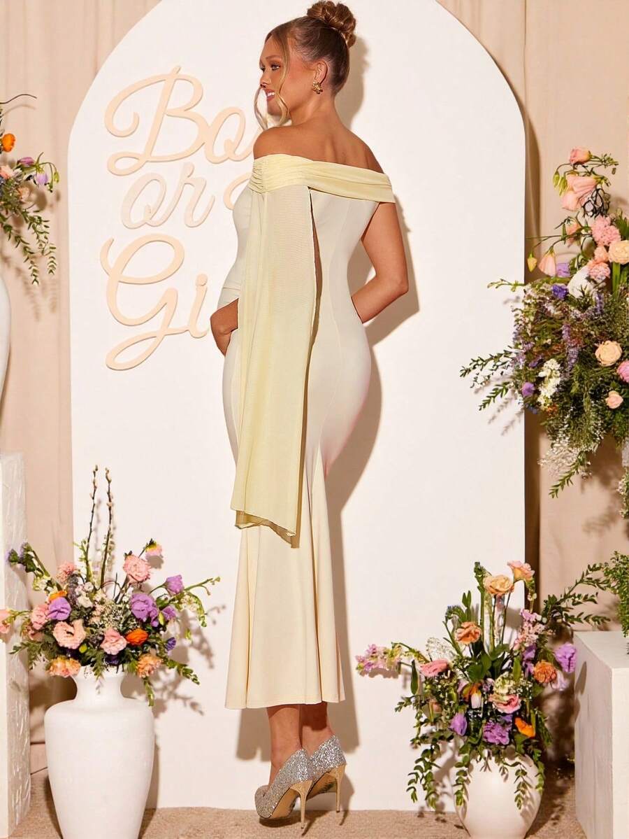 Elegant Off Shoulder Ruffle Maternity Dress For Party Gender Reveal Baby Shower Yellow Pregnancy Photoshoot Light