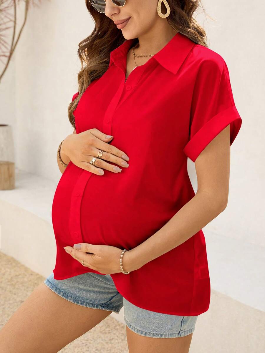 Maternity Baby Blue Button Front Short Sleeve Shirt - Loose Fit Longline Batwing Sleeve Summer Casual Woven Top