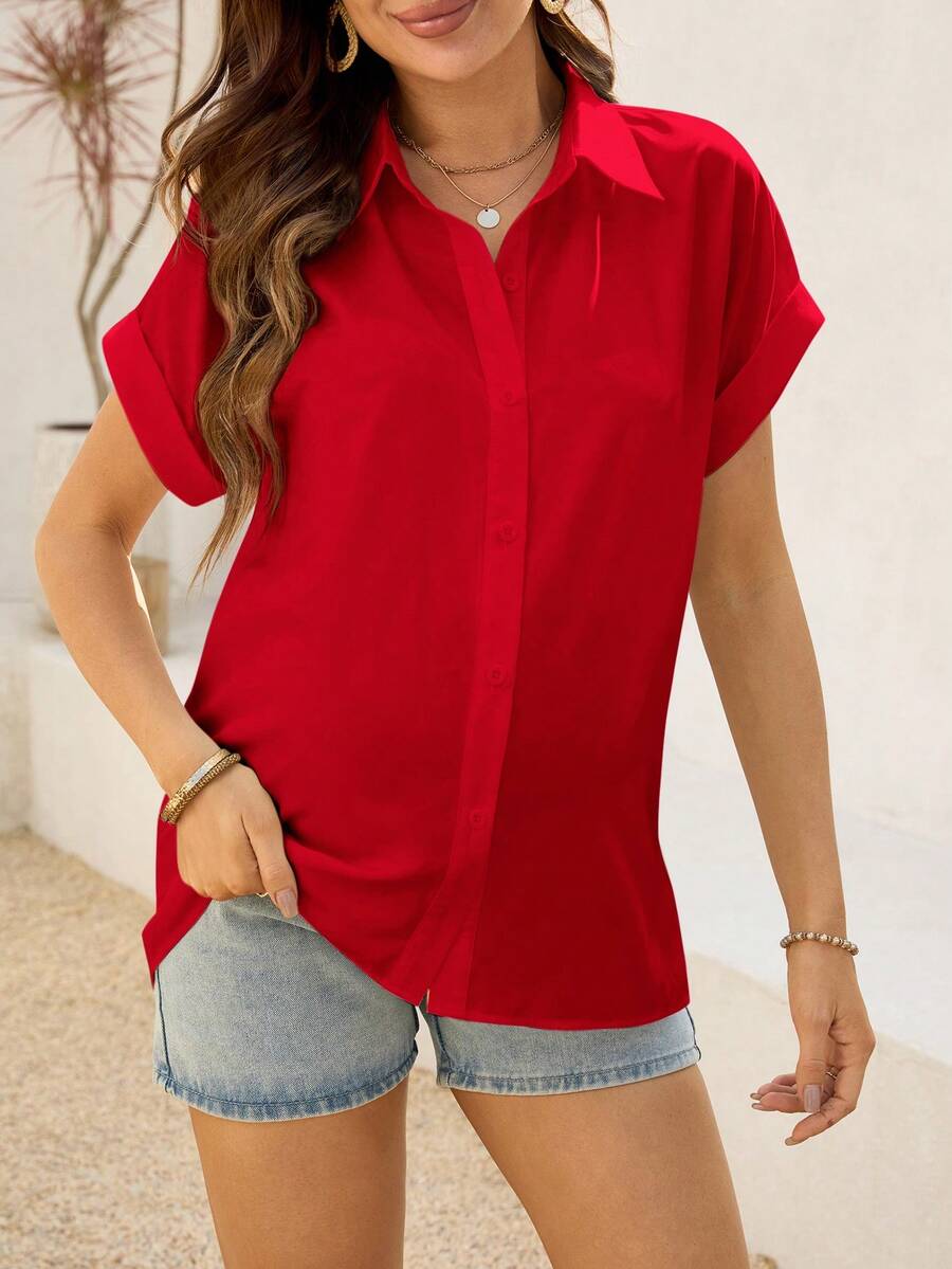 Maternity Batwing Sleeve Button-Up Shirt - Loose Fit Single-Breasted Long Casual Blouse in Solid Color