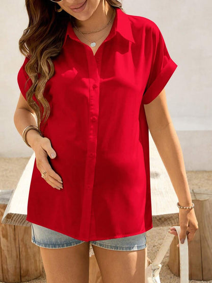 Maternity Batwing Sleeve Button-Up Shirt - Loose Fit Single-Breasted Long Casual Blouse in Solid Color