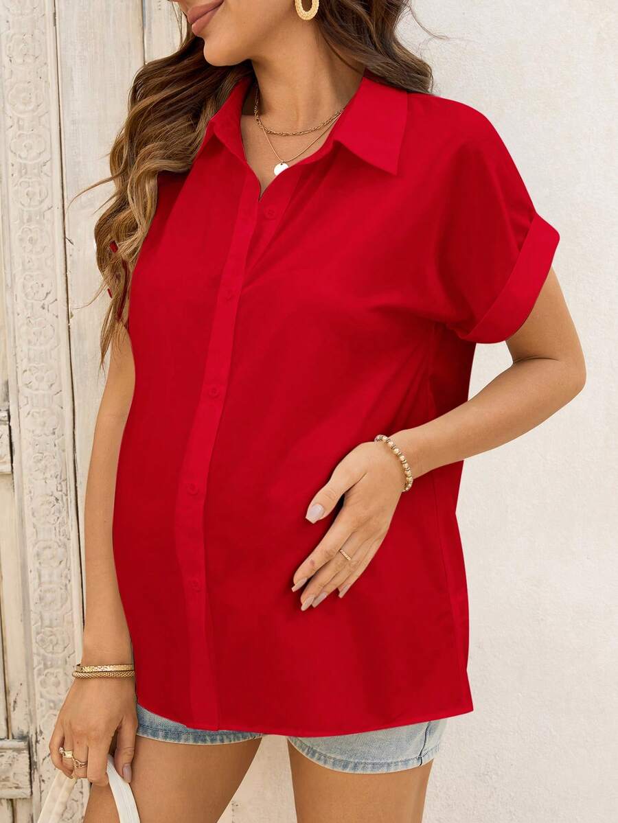 Maternity Batwing Sleeve Button-Up Shirt - Loose Fit Single-Breasted Long Casual Blouse in Solid Color