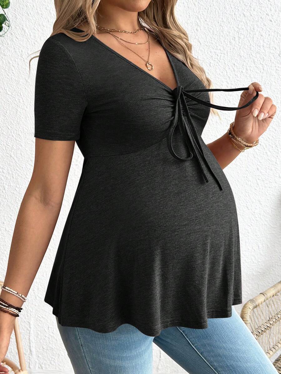 Maternity V-Neck Long Sleeve T-Shirt - Slim Fit Ruched Ruffle Hem Knitted Casual Top for Beach and Daily Wear