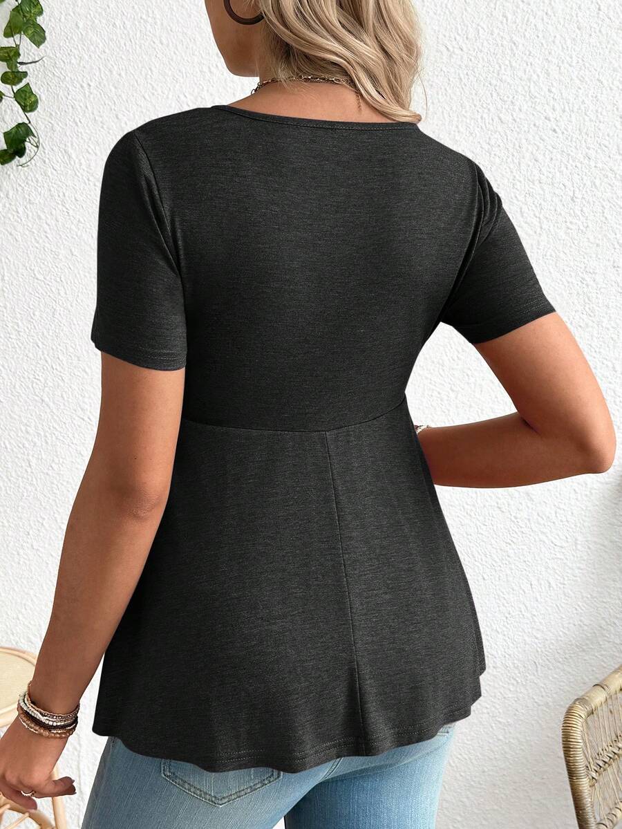 Maternity V-Neck Long Sleeve T-Shirt - Slim Fit Ruched Ruffle Hem Knitted Casual Top for Beach and Daily Wear