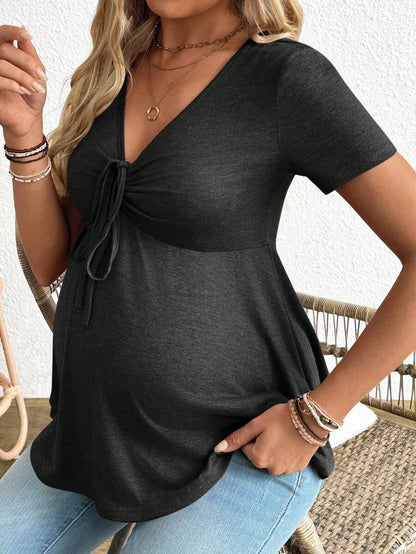 Maternity V-Neck Long Sleeve T-Shirt - Slim Fit Ruched Ruffle Hem Knitted Casual Top for Beach and Daily Wear