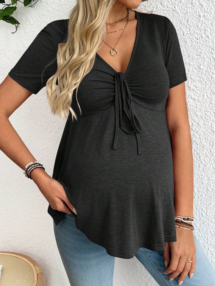 Maternity V-Neck Long Sleeve T-Shirt - Slim Fit Ruched Ruffle Hem Knitted Casual Top for Beach and Daily Wear