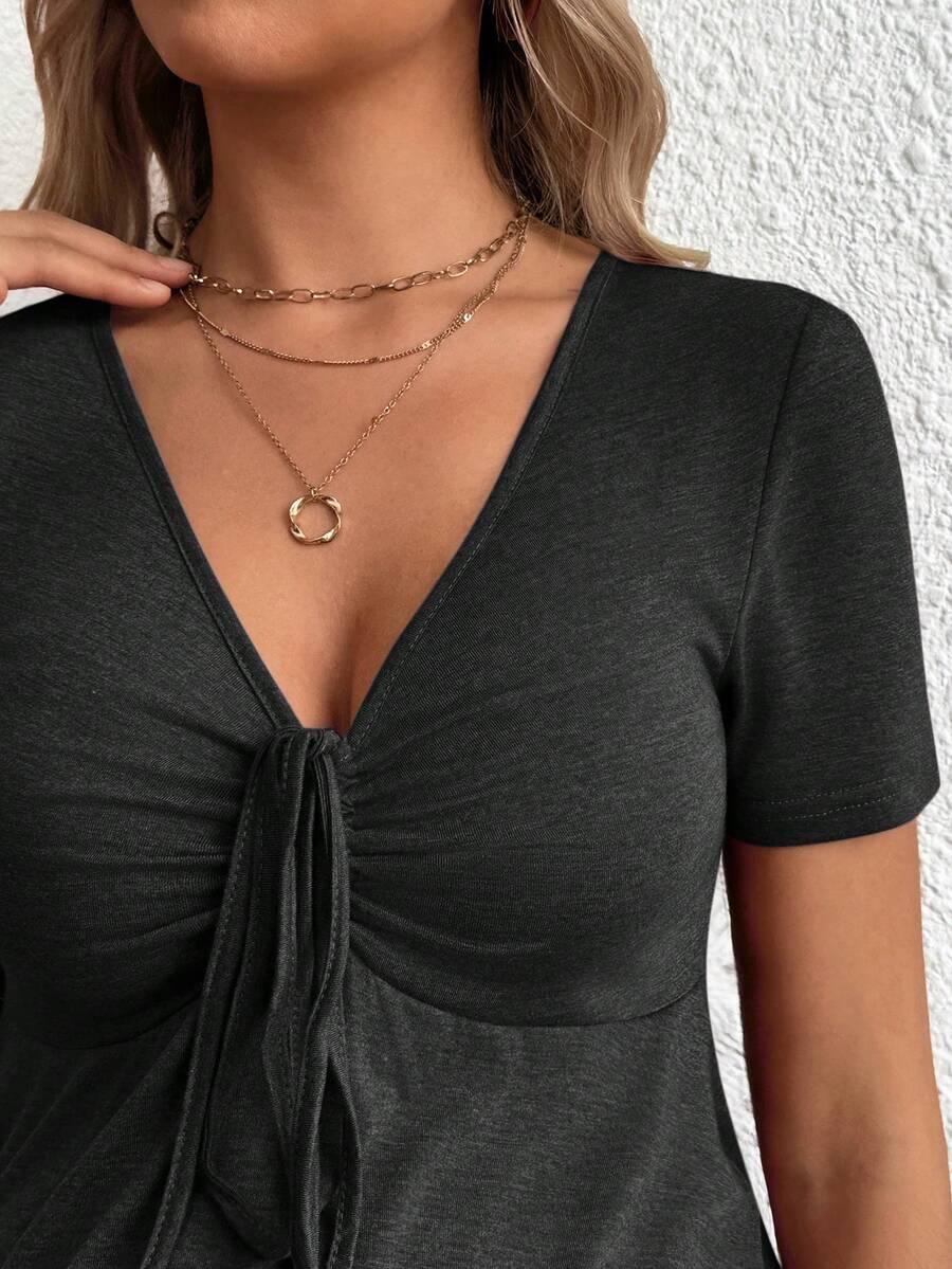 Maternity V-Neck Long Sleeve T-Shirt - Slim Fit Ruched Ruffle Hem Knitted Casual Top for Beach and Daily Wear