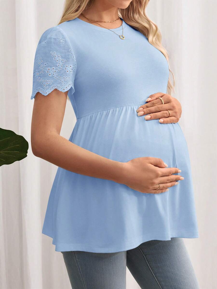 Black Maternity Knitted T-Shirt with Scalloped Short Sleeves and Flared Hem - Casual Round Neck Pregnancy Top
