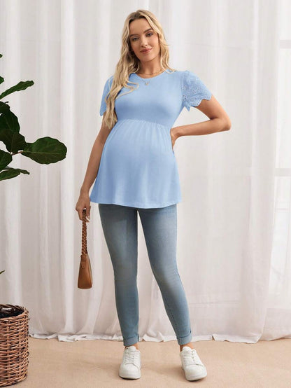 Black Maternity Knitted T-Shirt with Scalloped Short Sleeves and Flared Hem - Casual Round Neck Pregnancy Top