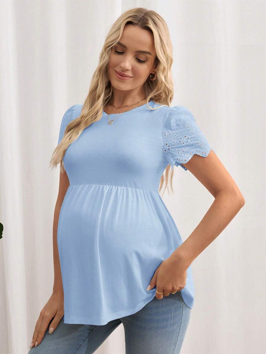 Black Maternity Knitted T-Shirt with Scalloped Short Sleeves and Flared Hem - Casual Round Neck Pregnancy Top