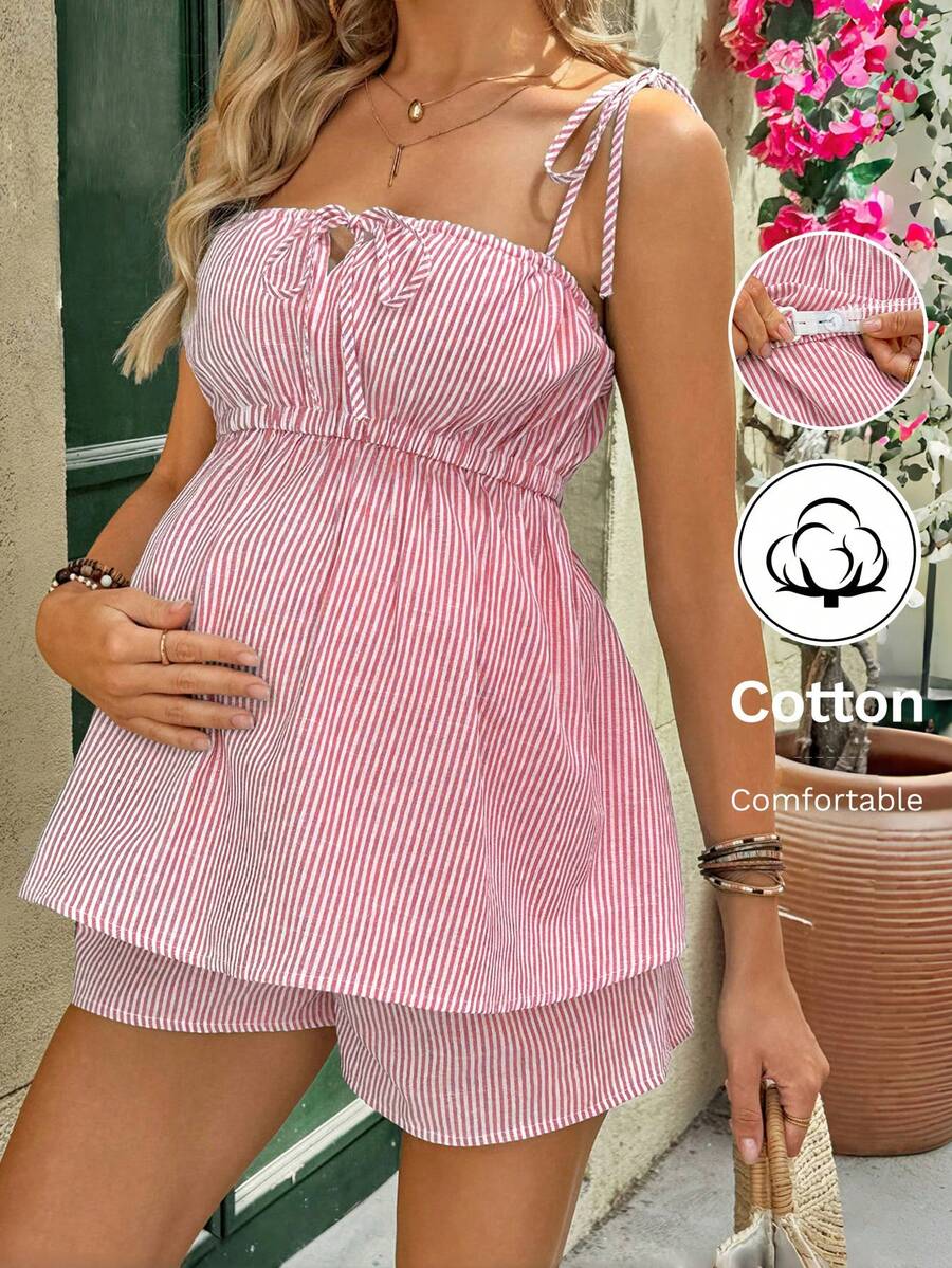 Maternity Vacation Set 2 Pack - Striped Tie Front Cami and Adjustable Shorts, Summer Loungewear