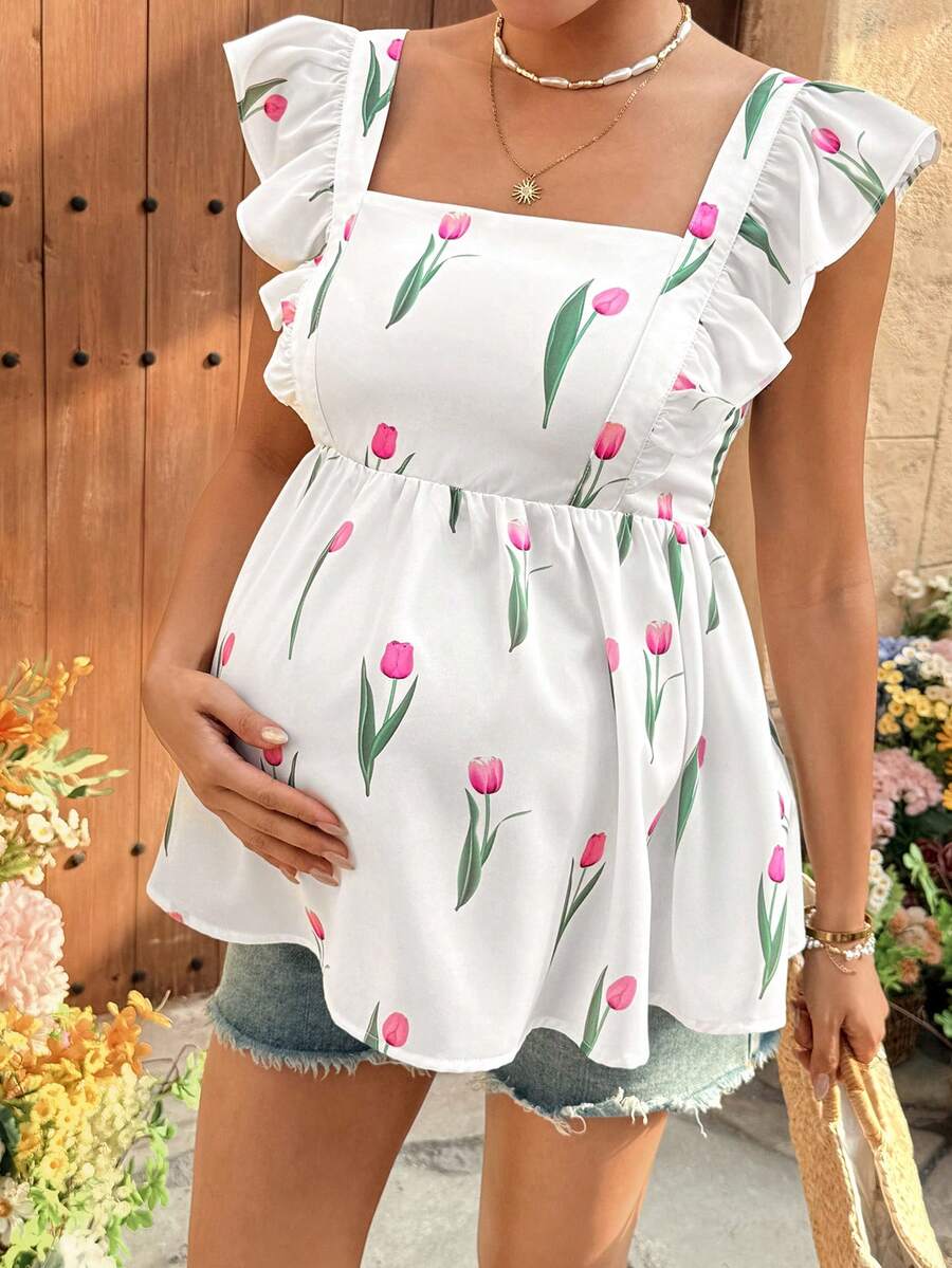 Floral Print Maternity Peplum Blouse with Square Neck and Cap Sleeves - Boho White Ruffle Hem Summer Vacation Beach Top