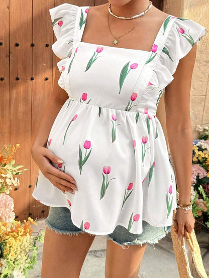 Floral Print Maternity Peplum Blouse with Square Neck and Cap Sleeves - Boho White Ruffle Hem Summer Vacation Beach Top