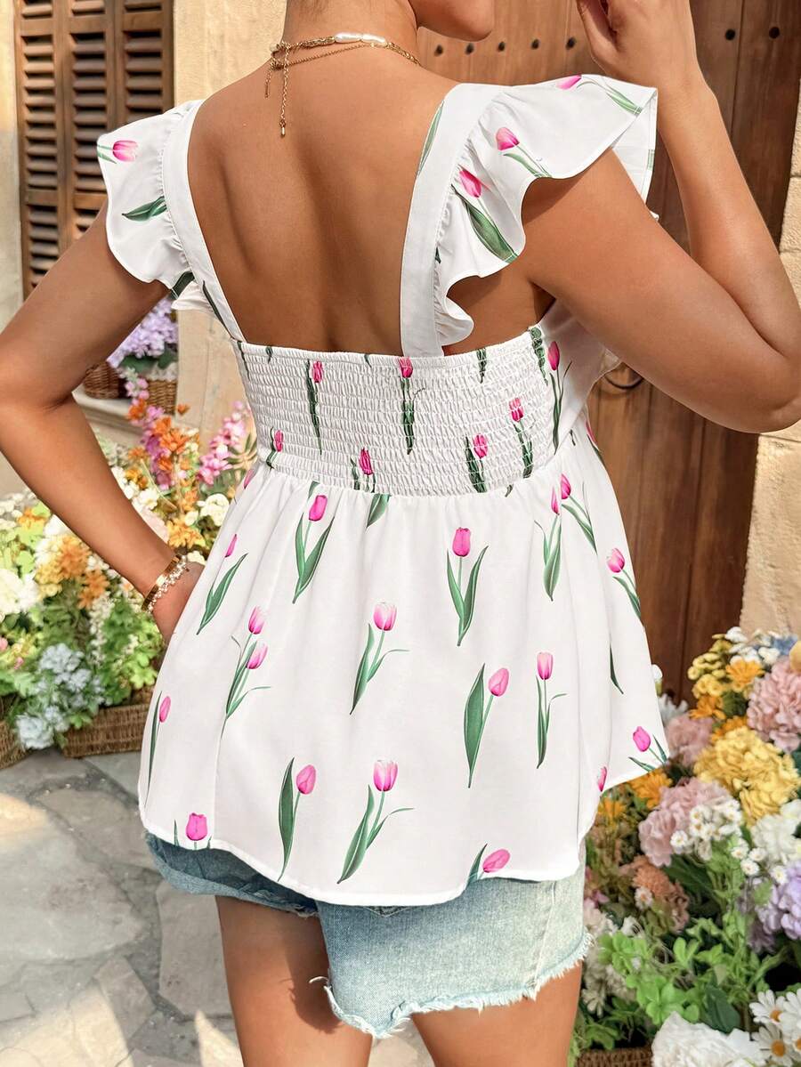 Floral Print Maternity Peplum Blouse with Square Neck and Cap Sleeves - Boho White Ruffle Hem Summer Vacation Beach Top
