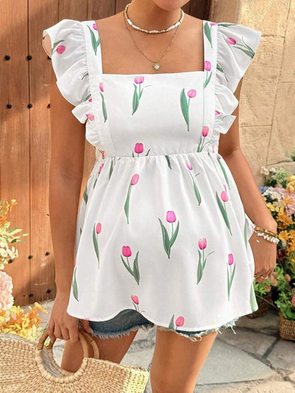 Floral Print Maternity Peplum Blouse with Square Neck and Cap Sleeves - Boho White Ruffle Hem Summer Vacation Beach Top