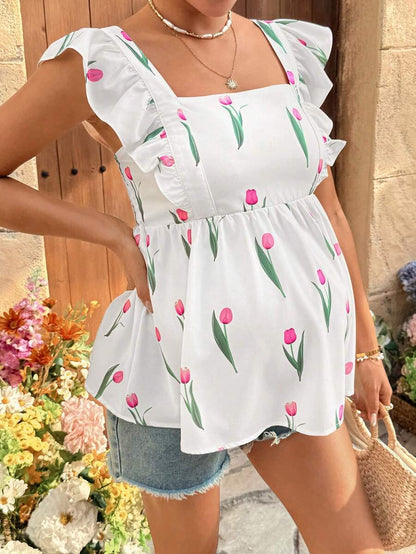 Floral Print Maternity Peplum Blouse with Square Neck and Cap Sleeves - Boho White Ruffle Hem Summer Vacation Beach Top