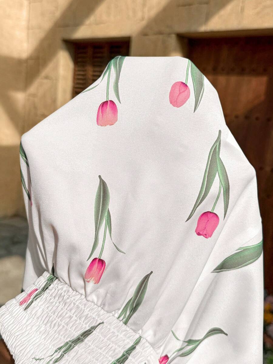 Floral Print Maternity Peplum Blouse with Square Neck and Cap Sleeves - Boho White Ruffle Hem Summer Vacation Beach Top