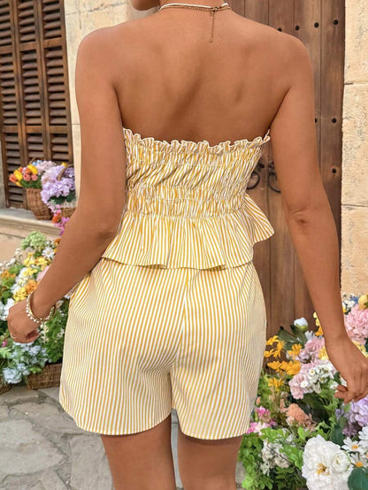 Maternity 2-Piece Summer Vacation Set Yellow Striped Ruffle Bandeau Top and Adjustable Waist Mini Shorts Beach Outfit