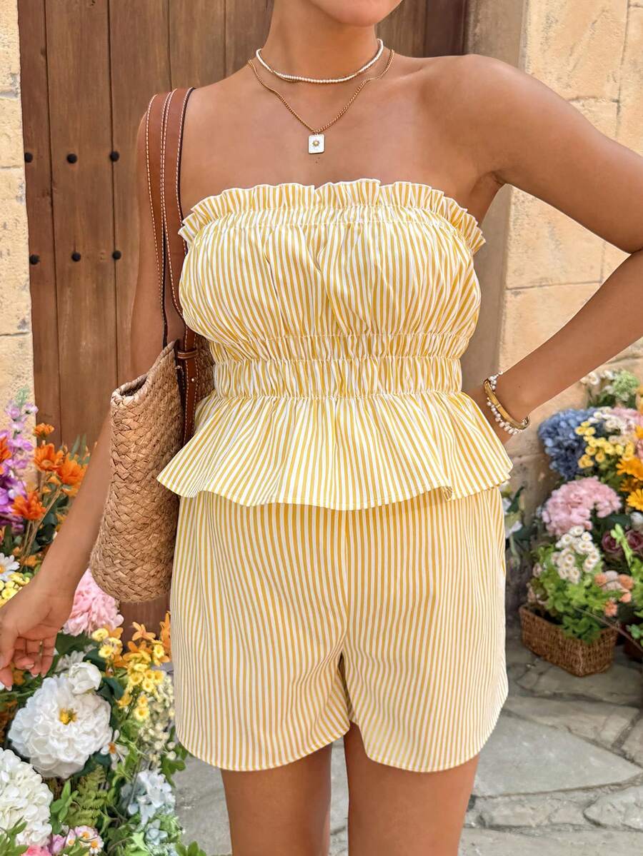 Maternity 2-Piece Summer Vacation Set Yellow Striped Ruffle Bandeau Top and Adjustable Waist Mini Shorts Beach Outfit