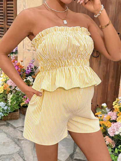 Maternity 2-Piece Summer Vacation Set Yellow Striped Ruffle Bandeau Top and Adjustable Waist Mini Shorts Beach Outfit