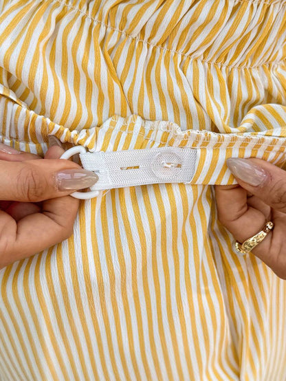 Maternity 2-Piece Summer Vacation Set Yellow Striped Ruffle Bandeau Top and Adjustable Waist Mini Shorts Beach Outfit