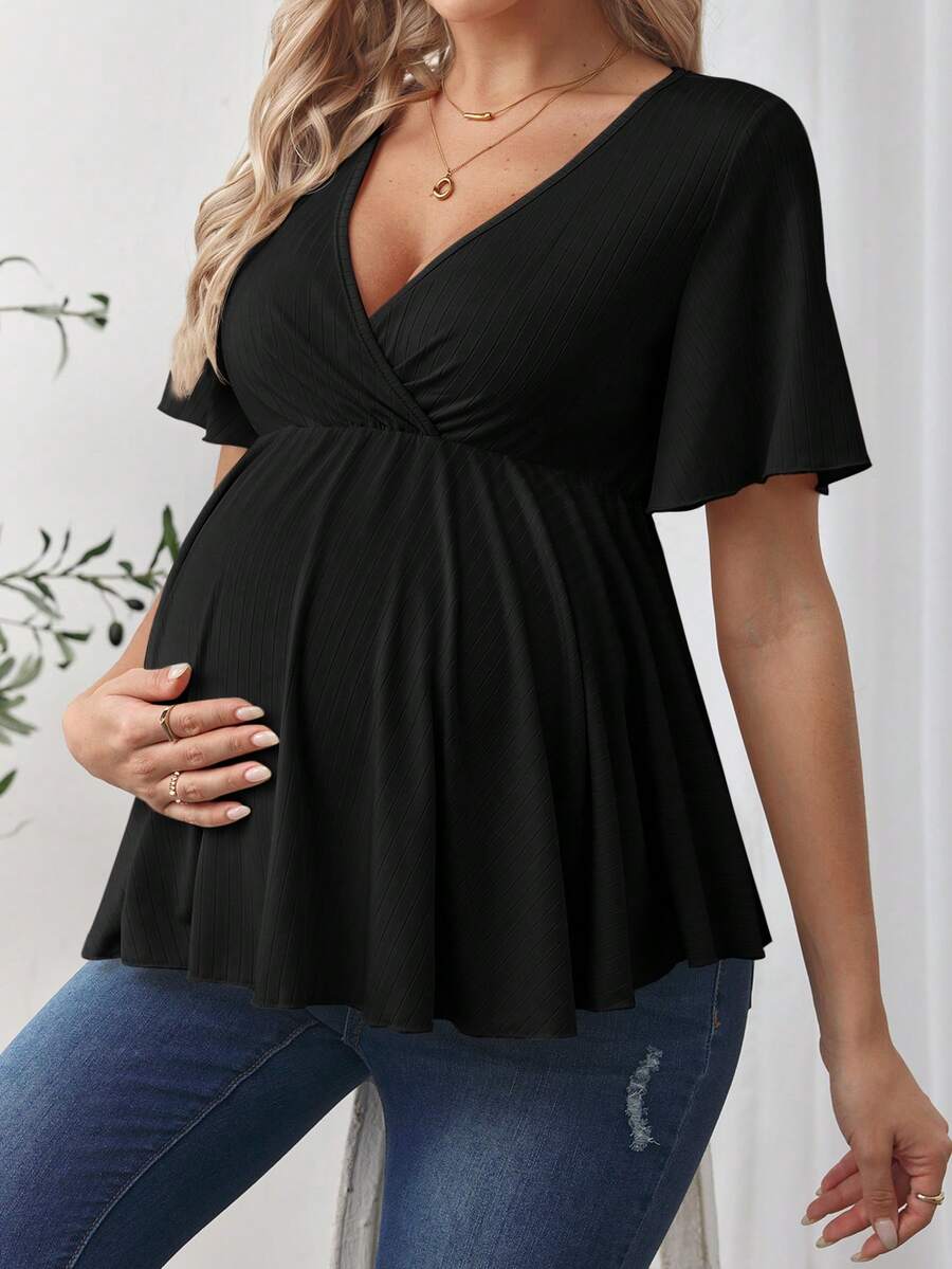V-Neck Ruffle Hem Maternity T-Shirt - Short Flounce Sleeve High-Stretch Slim Fit Casual Top