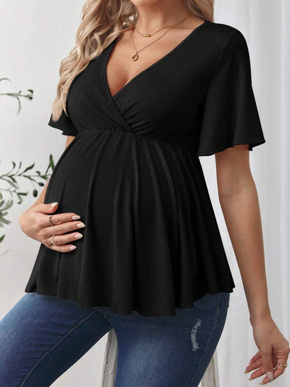 V-Neck Ruffle Hem Maternity T-Shirt - Short Flounce Sleeve High-Stretch Slim Fit Casual Top