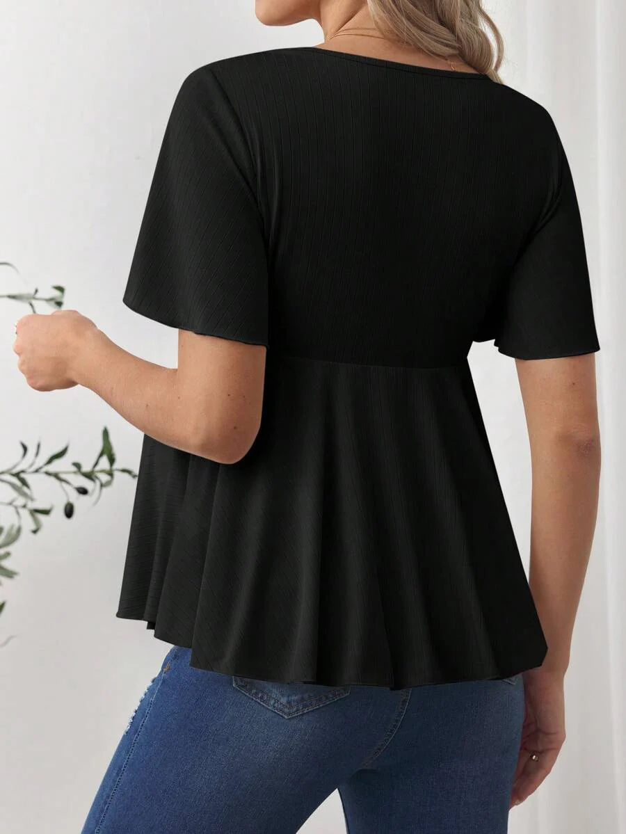 V-Neck Ruffle Hem Maternity T-Shirt - Short Flounce Sleeve High-Stretch Slim Fit Casual Top