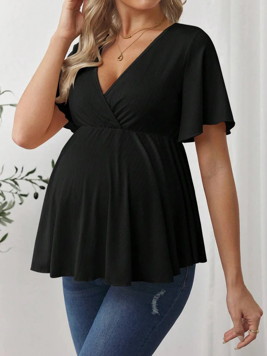 V-Neck Ruffle Hem Maternity T-Shirt - Short Flounce Sleeve High-Stretch Slim Fit Casual Top