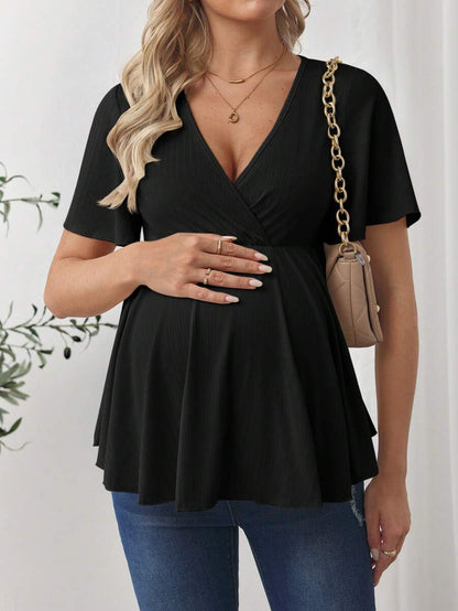 V-Neck Ruffle Hem Maternity T-Shirt - Short Flounce Sleeve High-Stretch Slim Fit Casual Top