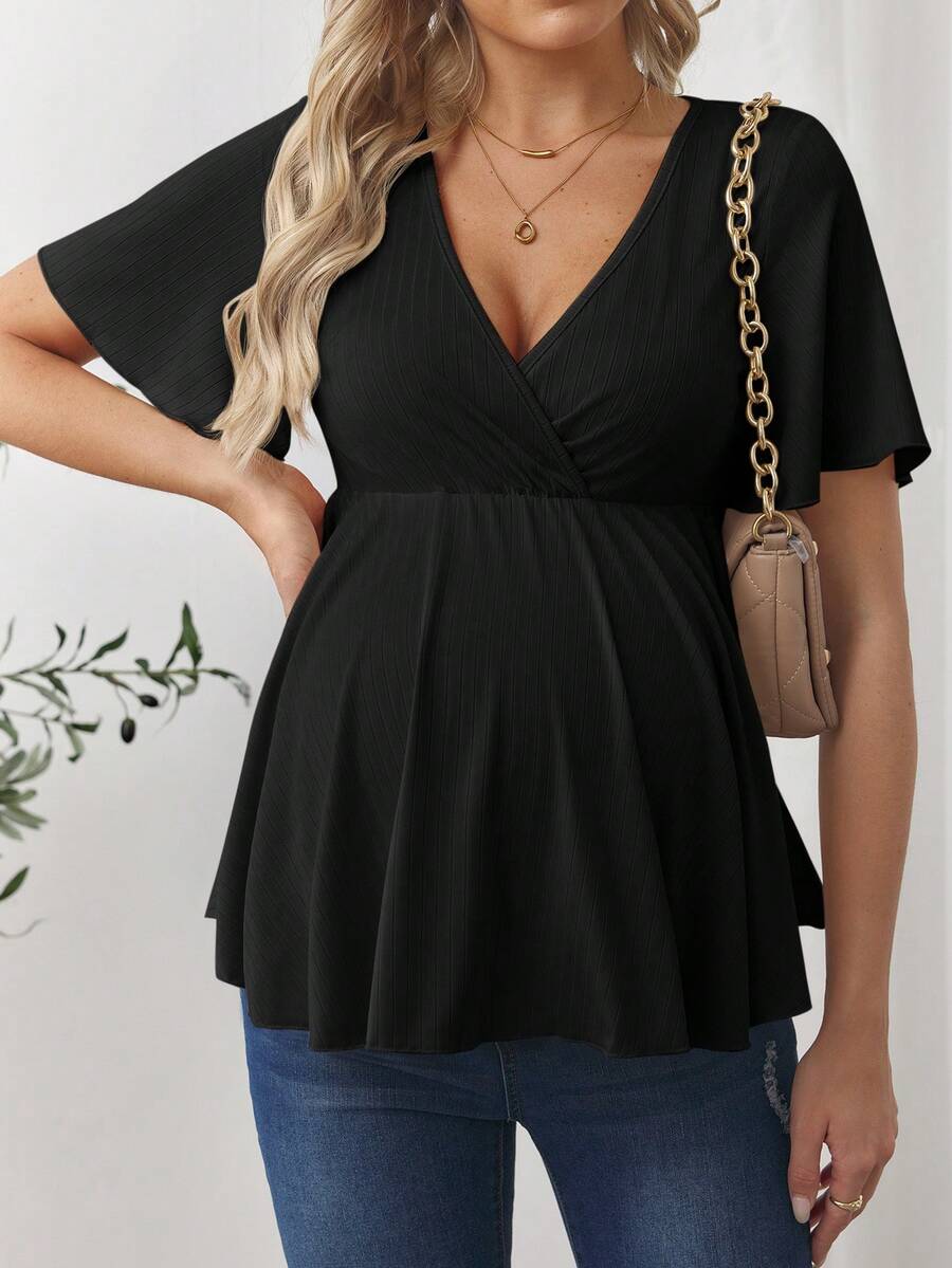 V-Neck Ruffle Hem Maternity T-Shirt - Short Flounce Sleeve High-Stretch Slim Fit Casual Top