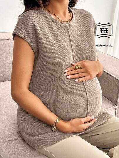 Maternity Round Neck Tee - Batwing Cap Sleeve, Loungewear, Medium Stretch, Coffee Brown