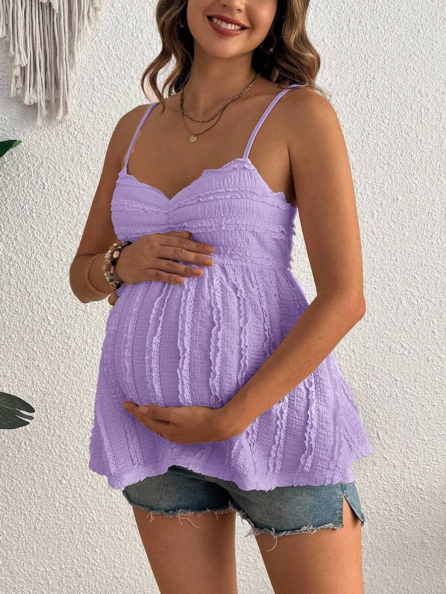Pleated Lace Maternity Camisole - Apricot Slim Fit Ruched Spaghetti Strap Knitted Cami Top for Daily Wear