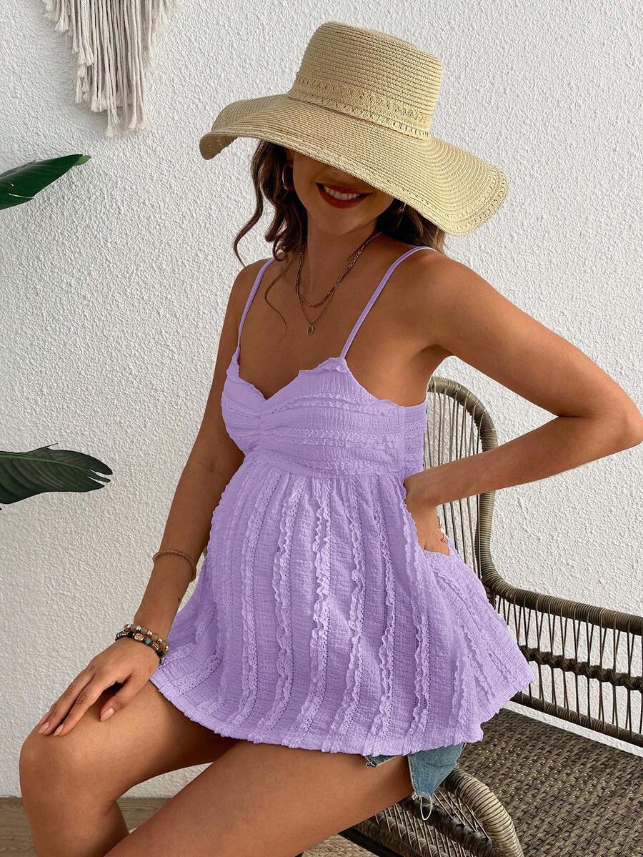 Pleated Lace Maternity Camisole - Apricot Slim Fit Ruched Spaghetti Strap Knitted Cami Top for Daily Wear
