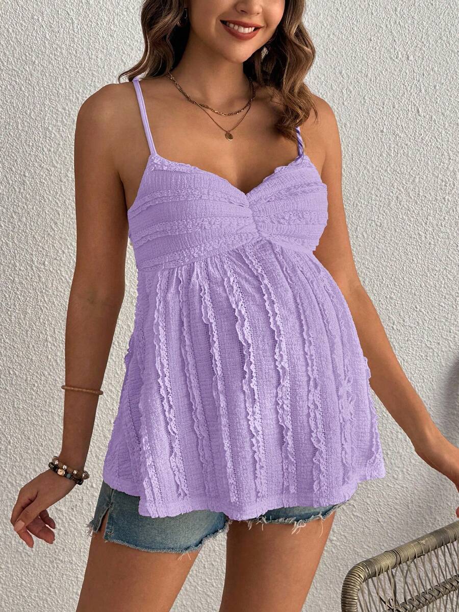 Pleated Lace Maternity Camisole - Apricot Slim Fit Ruched Spaghetti Strap Knitted Cami Top for Daily Wear
