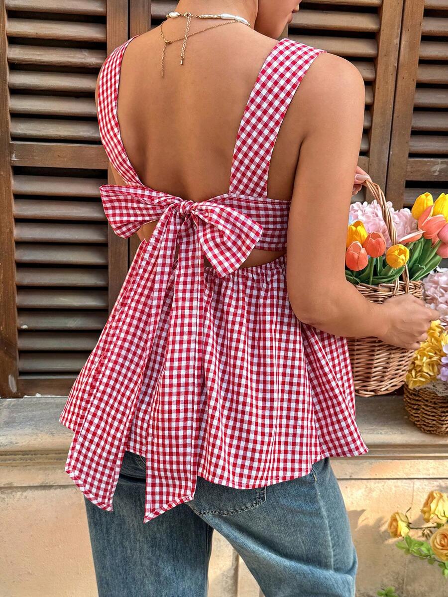 Maternity Backless Plaid Print Strappy Cami Dress Light Blue Sleeveless Holiday Flare Dress for Summer Vacations